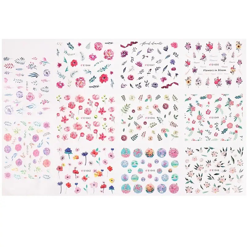 44 Pcs Flower 3D Nail Stickers Set Floral Leaves Flower Adhesive Decal 3D Stickers Slider Press On Nails Manicure Decorations E1007-1050