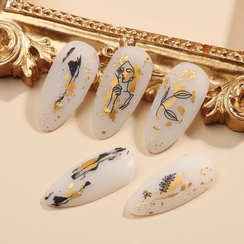 Golden Nail Art Stickers | Laser Flowers Leaf Leopard Print Abstract Face Lines Nail Sticker | Holographic 3D Self-Adhesive Nail Decals