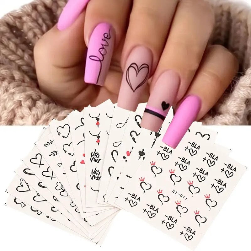 12 Pcs Love Heart Nail Water Stickers Decals Set Graffiti Valentine's Day Water Transfer Slider Polish Nail Wraps Tips Manicure Decorations