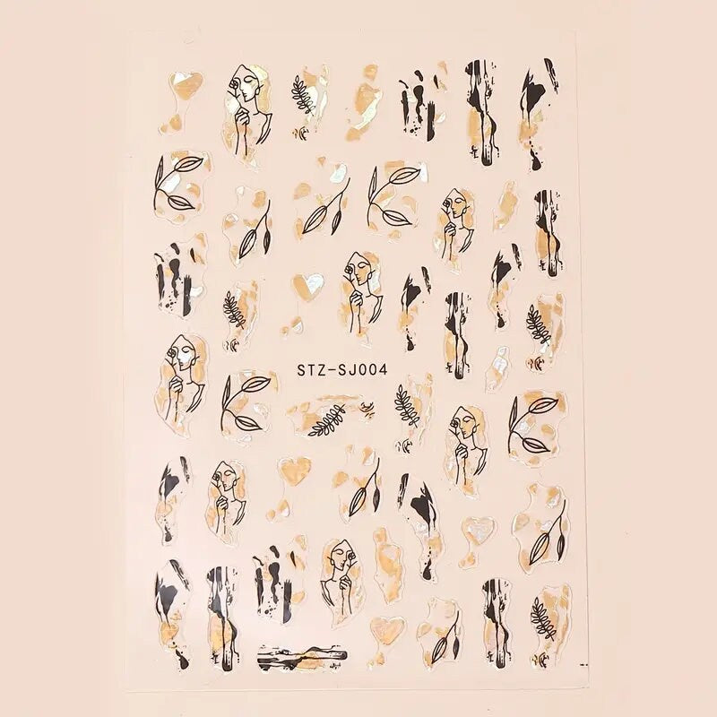 Golden Nail Art Stickers | Laser Flowers Leaf Leopard Print Abstract Face Lines Nail Sticker | Holographic 3D Self-Adhesive Nail Decals