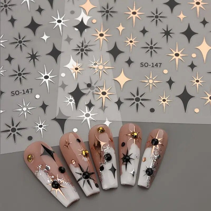 Laser Star Nail Sticker White Silver Black Star Shape Nail Decals Bling Self Adhesive Manicure Decals