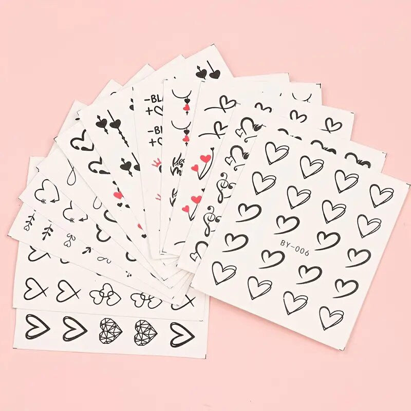 12 Pcs Love Heart Nail Water Stickers Decals Set Graffiti Valentine's Day Water Transfer Slider Polish Nail Wraps Tips Manicure Decorations