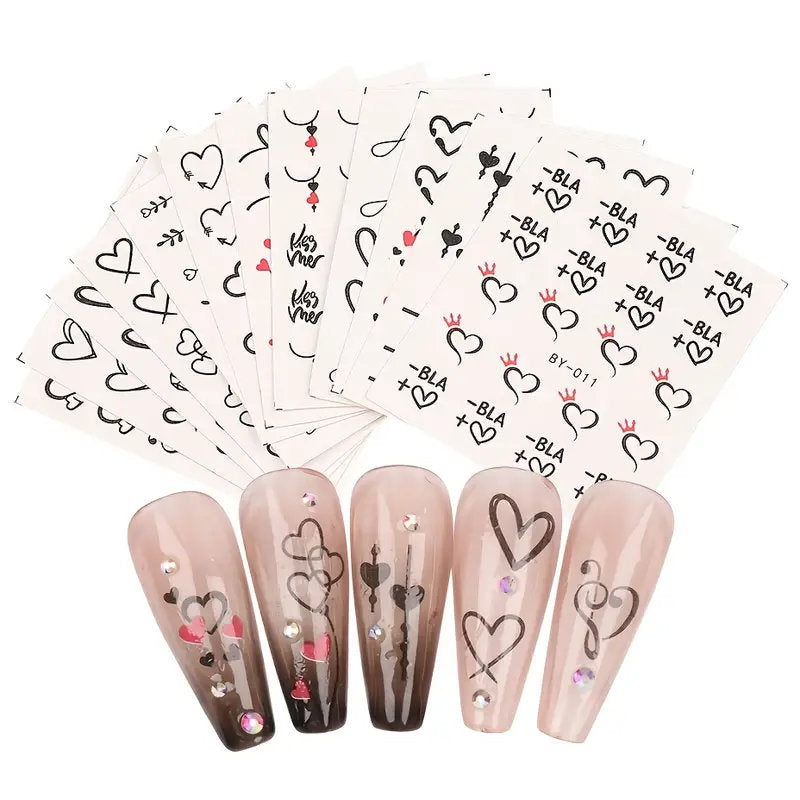 12 Pcs Love Heart Nail Water Stickers Decals Set Graffiti Valentine's Day Water Transfer Slider Polish Nail Wraps Tips Manicure Decorations