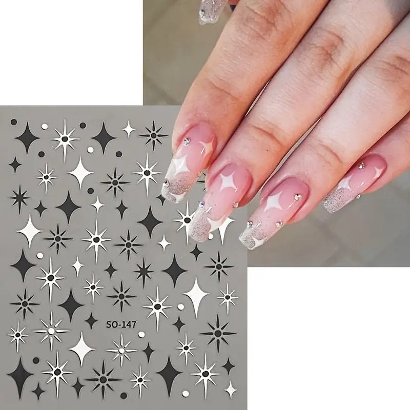 Laser Star Nail Sticker White Silver Black Star Shape Nail Decals Bling Self Adhesive Manicure Decals