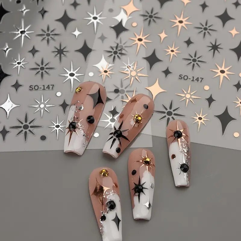Laser Star Nail Sticker White Silver Black Star Shape Nail Decals Bling Self Adhesive Manicure Decals