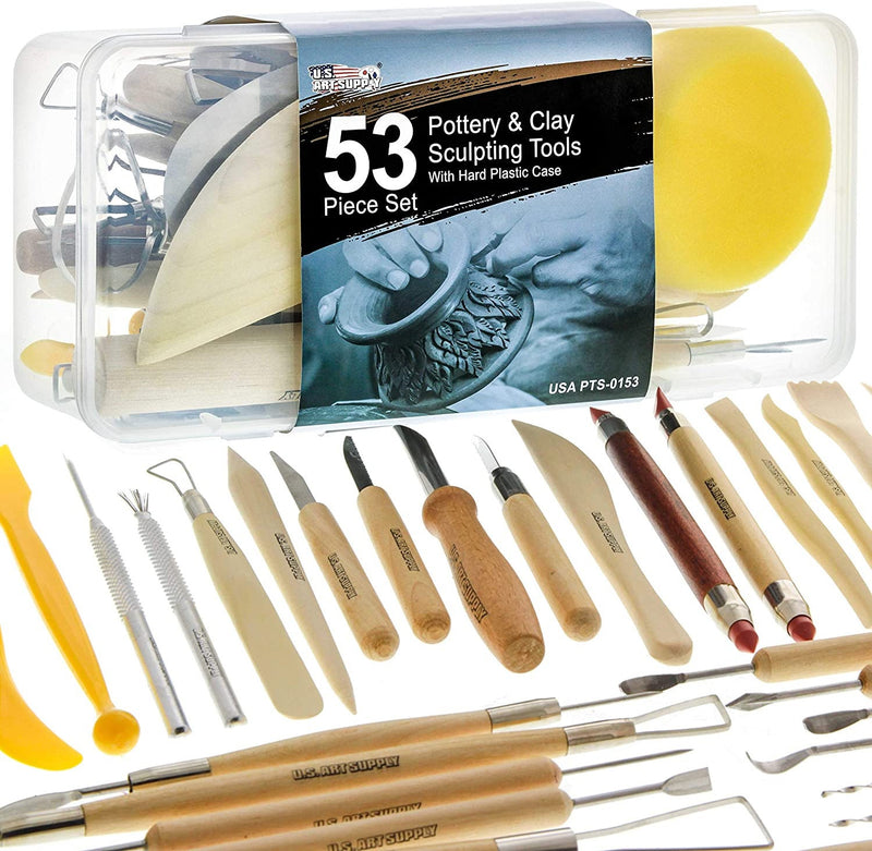 U.S. Art Supply 53 Piece Pottery & Clay Sculpting Tool Set with Hard Plastic Storage Box