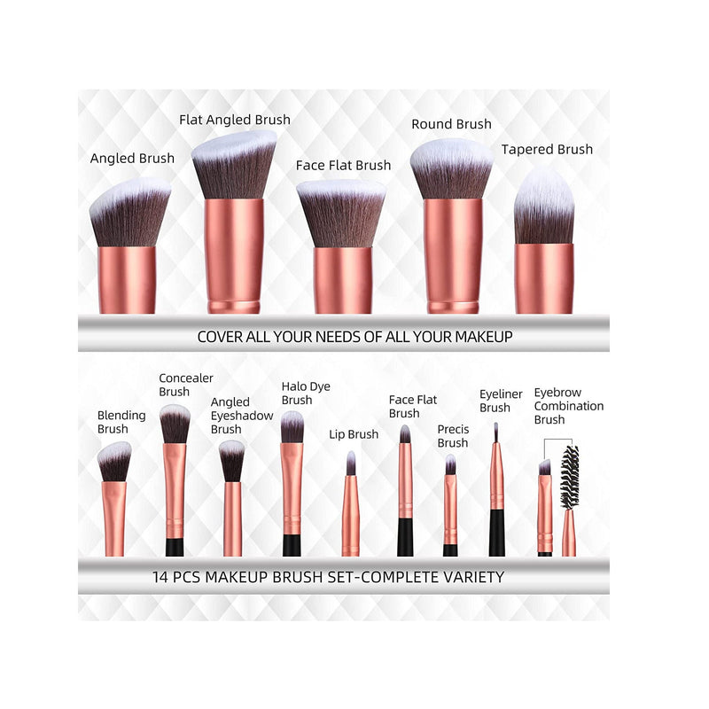Premium Synthetic Makeup Brushes 14 Pieces | Color A-Rose Golden