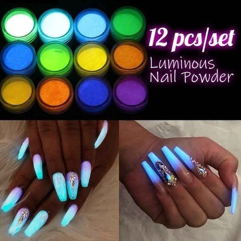 12 Pcs Candy Colors Luminous Nail DIY Bright Nail Art Glow In The Dark Phosphor Nail Glitter Sand Powder Pigment Nail Dust Fluorescent