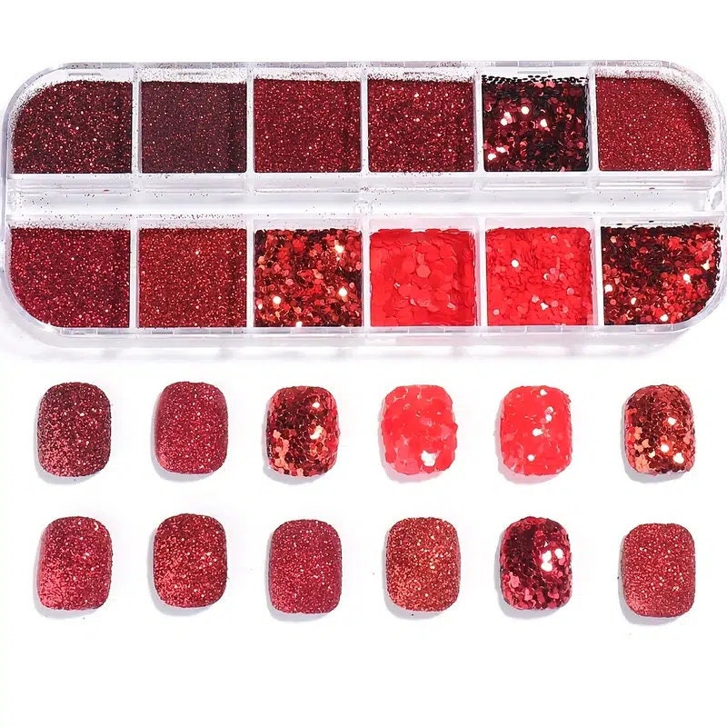 12 Grids Wine Red Nail Glitter Powder And Sequins Nail Art Supplies 3D Holographic Nail Art Powder