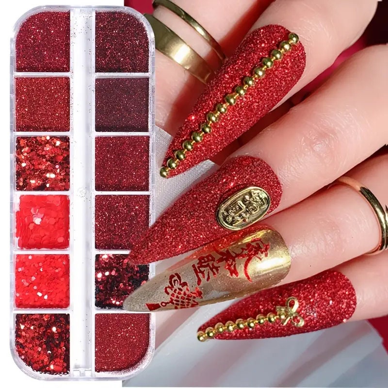 12 Grids Wine Red Nail Glitter Powder And Sequins Nail Art Supplies 3D Holographic Nail Art Powder