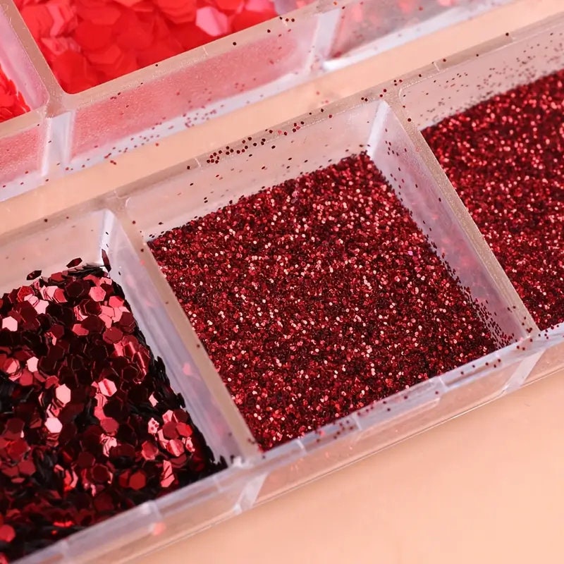 12 Grids Wine Red Nail Glitter Powder And Sequins Nail Art Supplies 3D Holographic Nail Art Powder