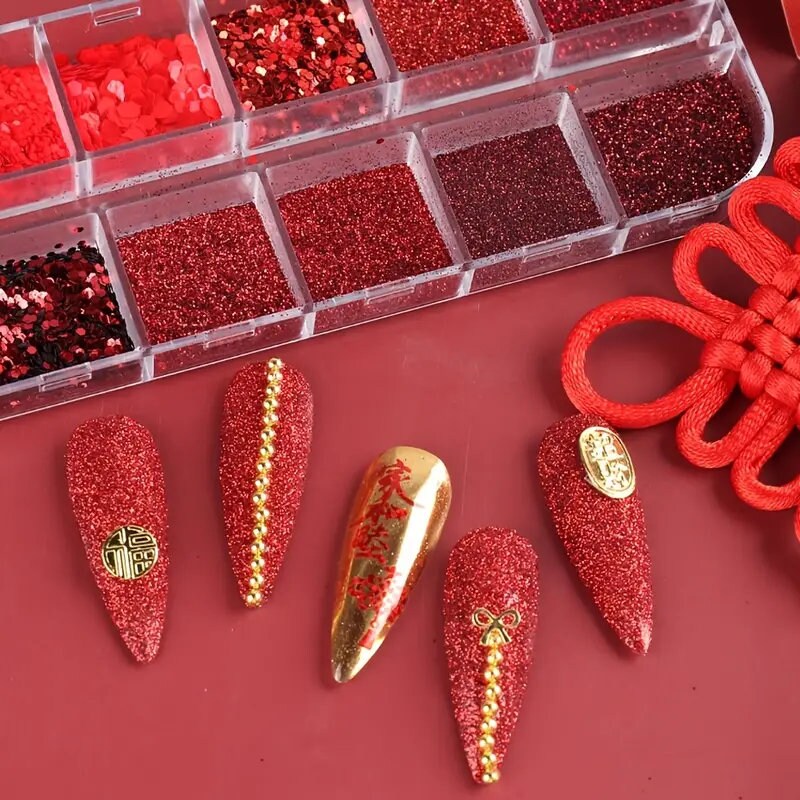 12 Grids Wine Red Nail Glitter Powder And Sequins Nail Art Supplies 3D Holographic Nail Art Powder