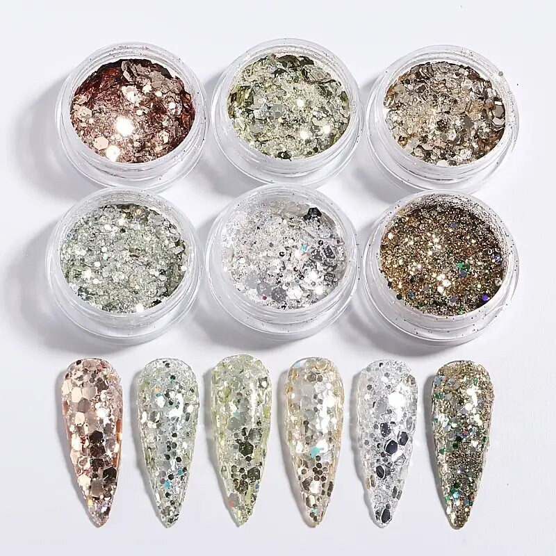 Holographic Nail Art Glitter Sequins | Shell Silces | Nail Flakes Nail Art Glitter Slices For Women DIY Nail Decoration, 6 Boxes
