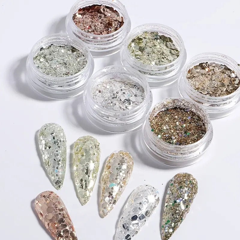 Holographic Nail Art Glitter Sequins | Shell Silces | Nail Flakes Nail Art Glitter Slices For Women DIY Nail Decoration, 6 Boxes