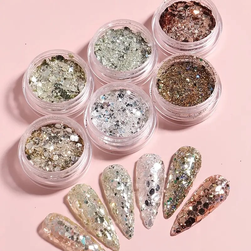 Holographic Nail Art Glitter Sequins | Shell Silces | Nail Flakes Nail Art Glitter Slices For Women DIY Nail Decoration, 6 Boxes