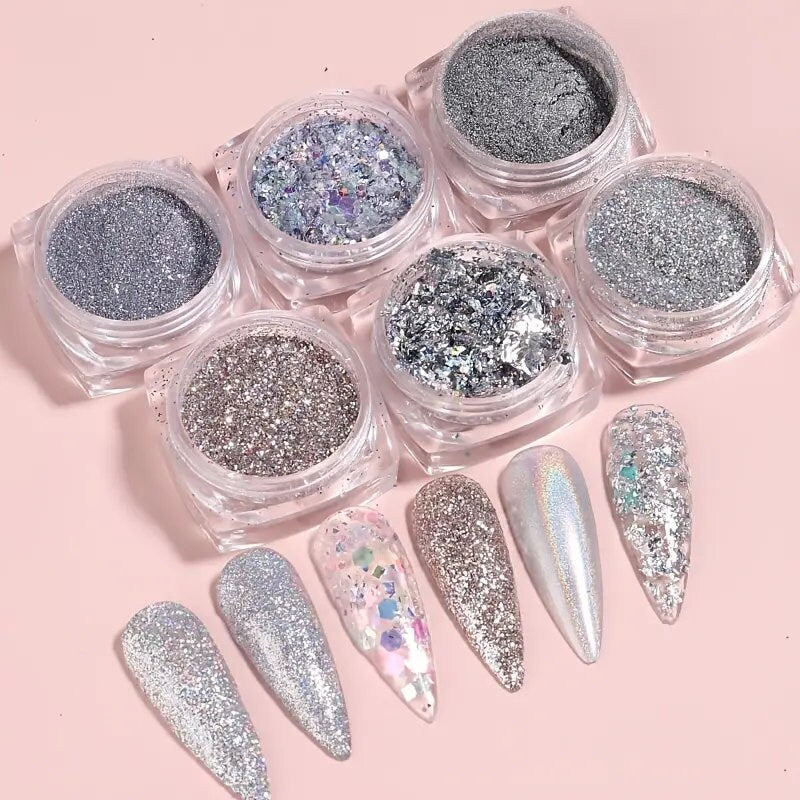 Nail Dipping Powder Set Kit 6 Colors Nail Powder Loose Pastel Foil Nail Color Mirror Nail Glitter Powder For Nails DIY Home Salon Nail
