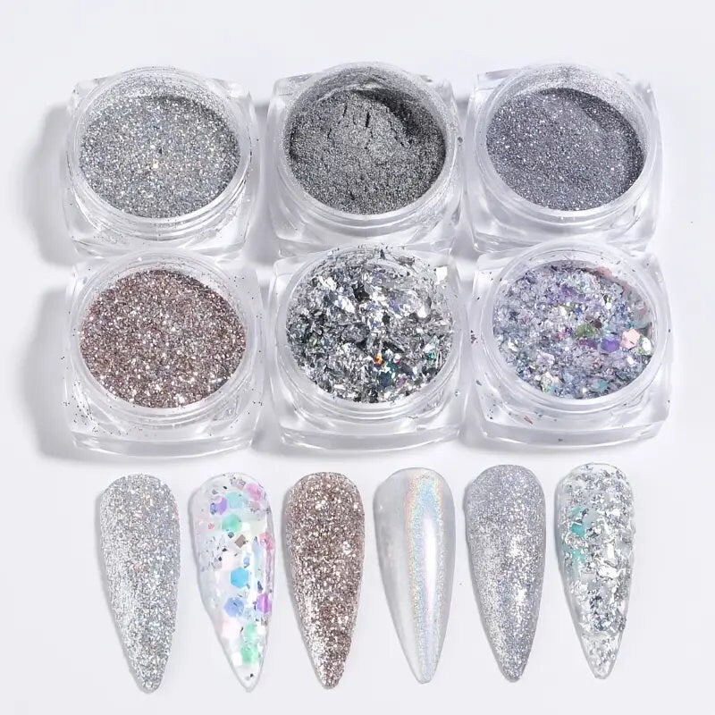 Nail Dipping Powder Set Kit 6 Colors Nail Powder Loose Pastel Foil Nail Color Mirror Nail Glitter Powder For Nails DIY Home Salon Nail