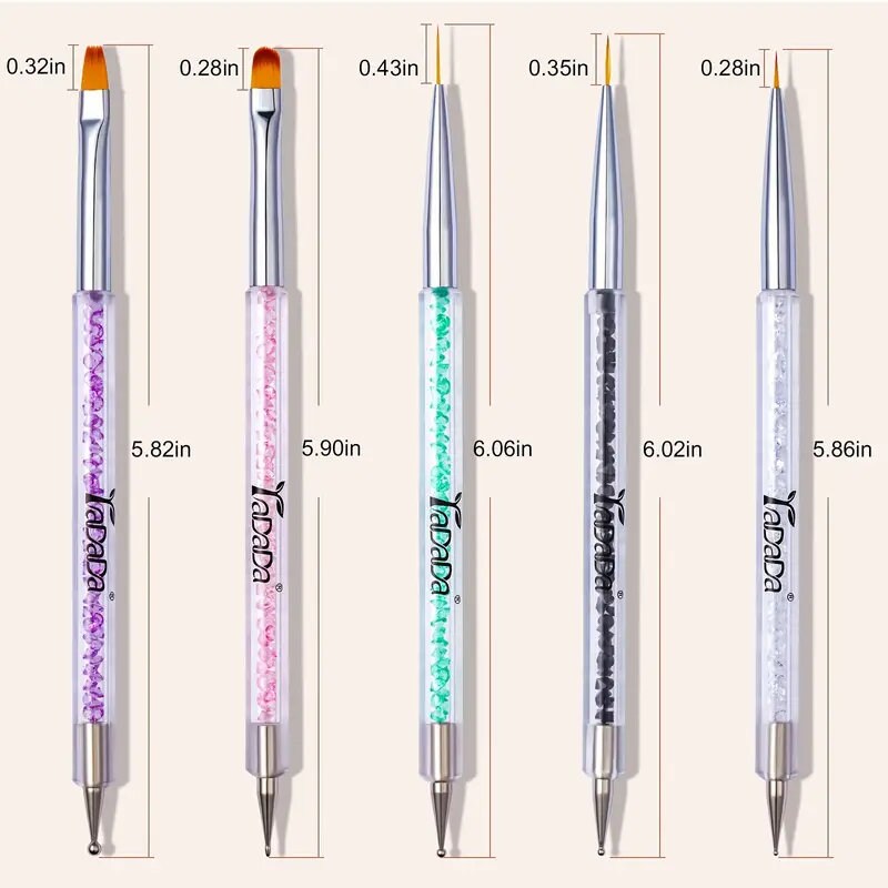 YADADA Double-Ended Nail Art Brushes | Acrylic Nail Brush Kit 5 Pcs | Point Drill Nail Dotting Drawing Painting Tools Liner