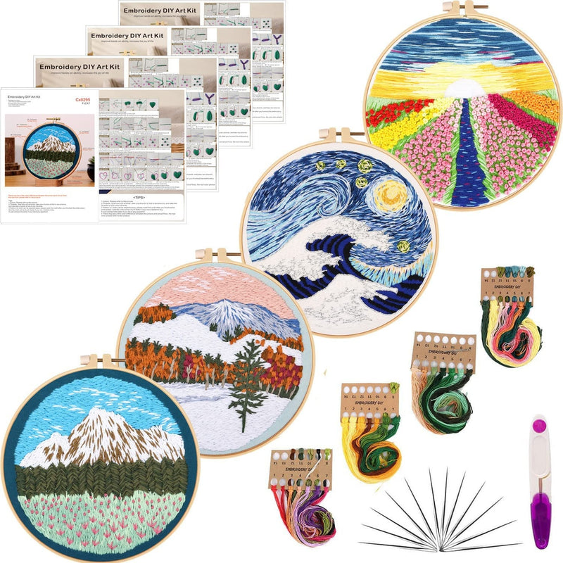 Tcbasrt 4Pack Embroidery Kit with Pattern and Instructions | Cross Stitch Kits Include 2 Embroidery Hoop | 4 Embroidery Clothes（Multicolor）