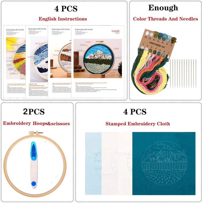 Tcbasrt 4Pack Embroidery Kit with Pattern and Instructions | Cross Stitch Kits Include 2 Embroidery Hoop | 4 Embroidery Clothes（Multicolor）