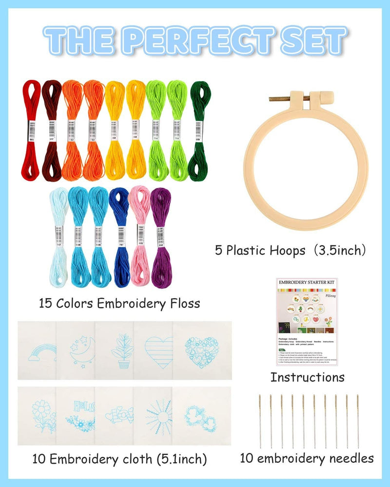 Pllieay 10 PCS Embroidery Beginner Kits for Kids 7-13, Include Instructions | Embroidery Starter Kit with Pattern, Needlepoint Kits