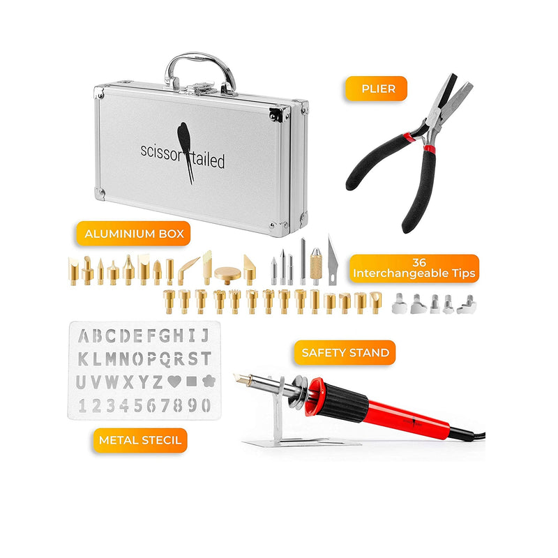 Premium Wood Burning Kit 43PCS | 36Tips | Adjustable Temperature Pen With Safety Stand | Metal Stencil&Pliers