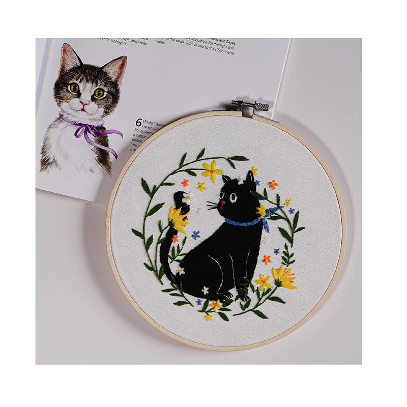 Beginner Embroidery Kit | 4 Sets Of Embroidery Kit For Craft Lovers With Cat And Plant Pattern