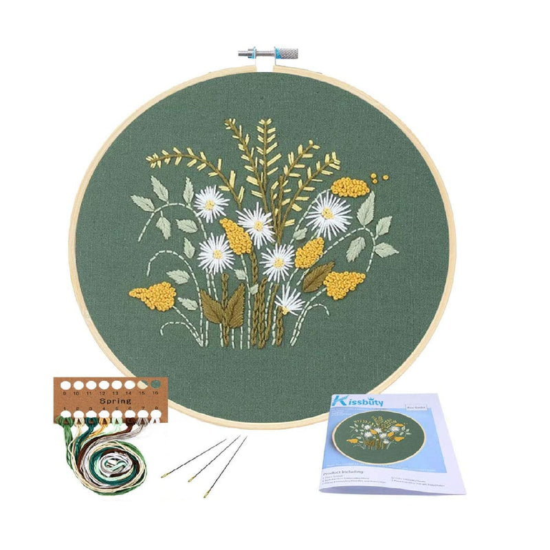 3 Pack Embroidery Starter Kit with Pattern, Kissbuty Full Range of Stamped Embroidery  Kit Including Embroidery Fabric with Pattern, Bamboo Embroidery Hoops,  Color Threads and Tools Kit (Floral Plants)
