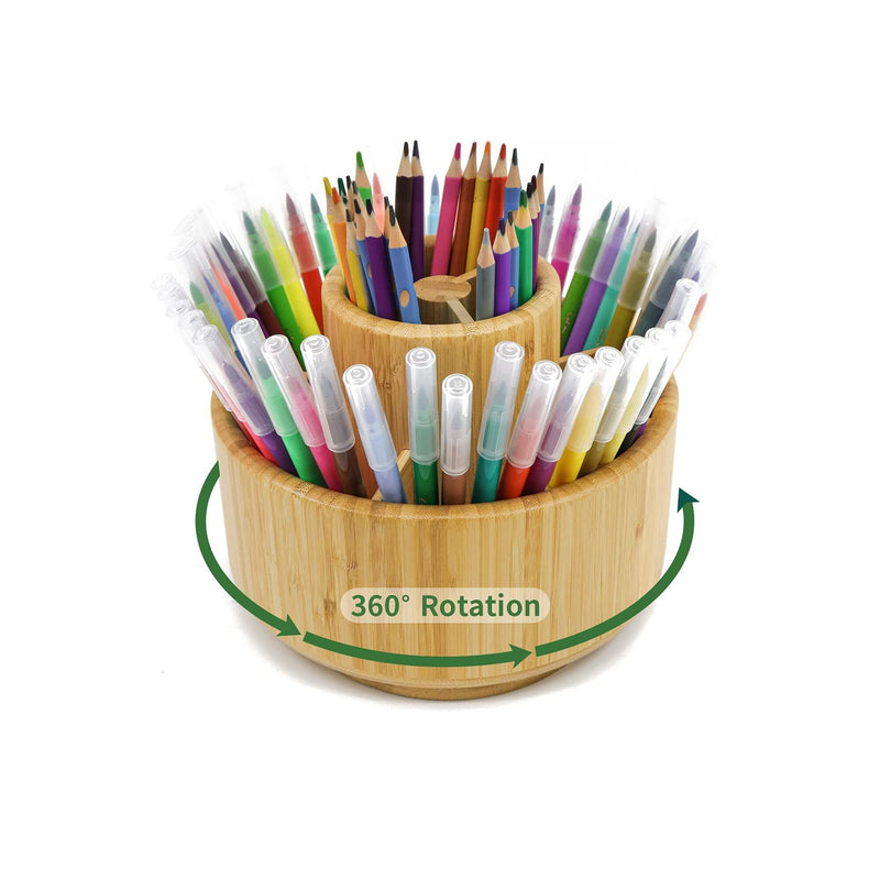 Bamboo Pen Holder Organizer |  Round Rotating Art Supply Organizer | Hold 420 Pencils | Desktop Storage
