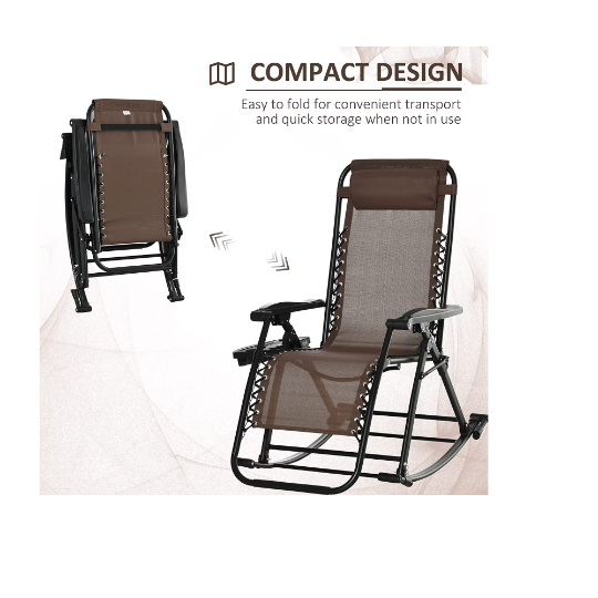 Outsunny Outdoor Rocking Chairs Zero Gravity Rocking Chair w/Removable Headrest Side Tray Cup & Phone Holder