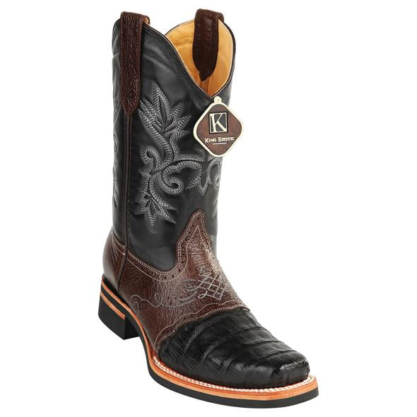 Men's King Exotic Caiman Square Toe Boots Rubber Sole & Saddle Vamp Black (48168205)