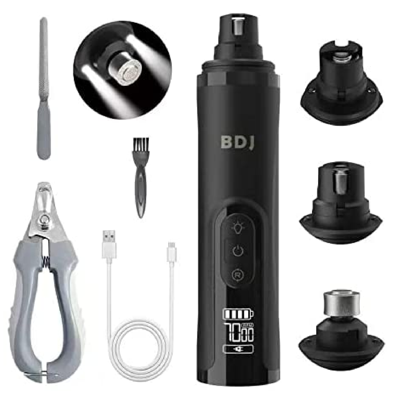 BDJ Dog Nail Grinder with 2 LED Lights 3 Speed Rechargeable Electric Nail Clipper