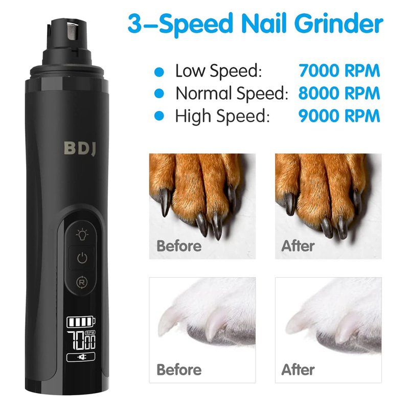 BDJ Dog Nail Grinder with 2 LED Lights 3 Speed Rechargeable Electric Nail Clipper