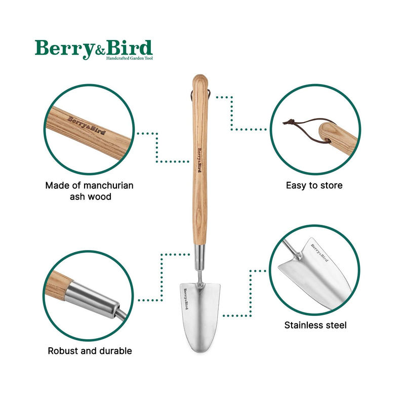 Berry&Bird Stainless Steel Border Hand Trowel | Long Handled Garden Shovel