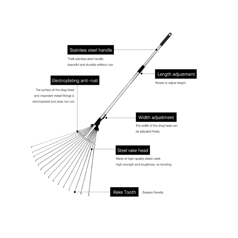 Buyplus Adjustable Garden Leaf Rake| 24-Inch to 63-Inch Telescoping Metal | Folding Extendable for Lawn| Flower Beds and Roof