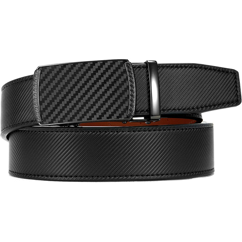 Chaoren Leather Ratchet Dress  Belt | with Automatic Slide | B- Black Twill Weave W Genuine Leather