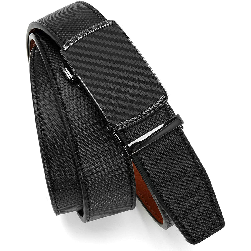 Chaoren Leather Ratchet Dress  Belt | with Automatic Slide | B- Black Twill Weave W Genuine Leather