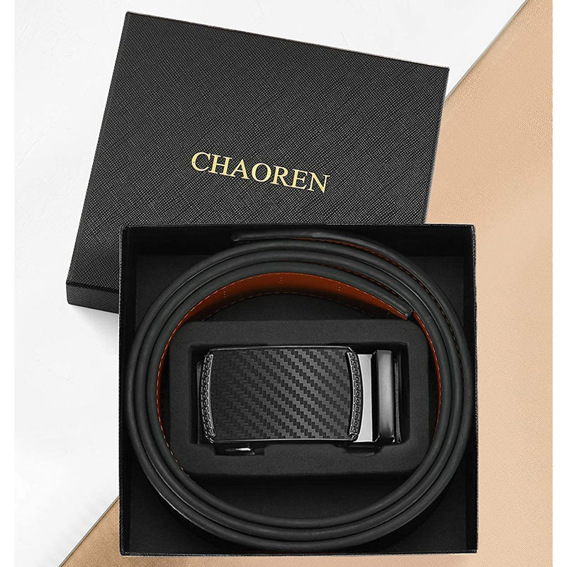 Chaoren Leather Ratchet Dress  Belt | with Automatic Slide | B- Black Twill Weave W Genuine Leather