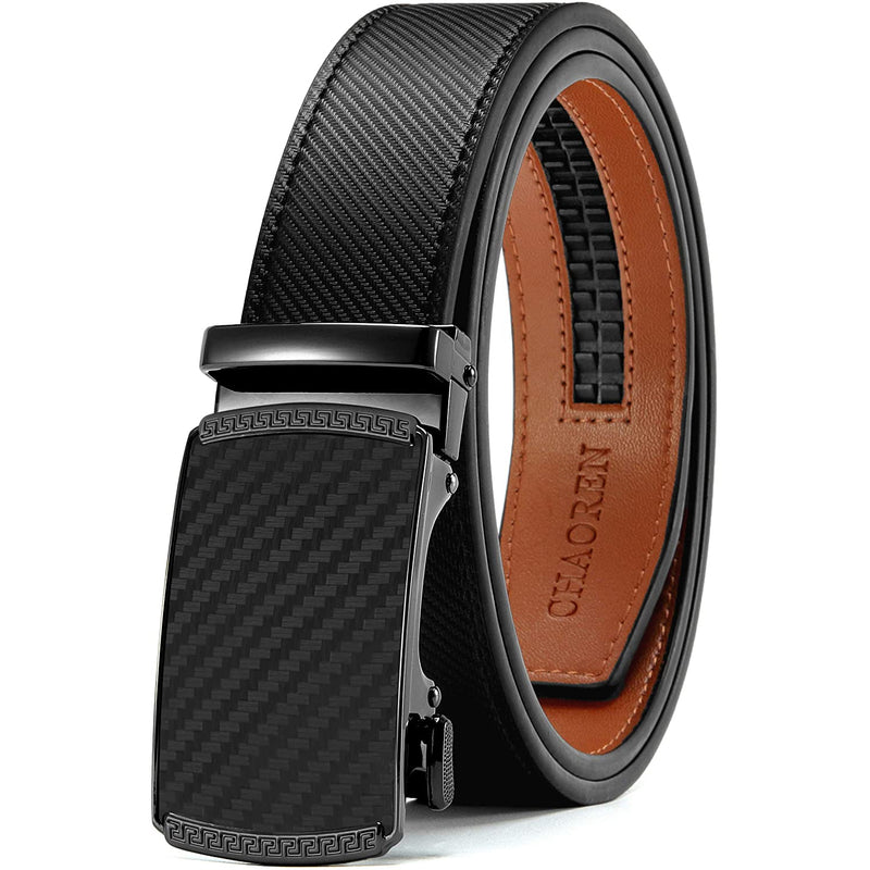 Chaoren Leather Ratchet Dress  Belt | with Automatic Slide | B- Black Twill Weave W Genuine Leather