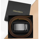 Chaoren Leather Ratchet Dress  Belt | with Automatic Slide | B- Charcoal Depiction Buckle - Cognac