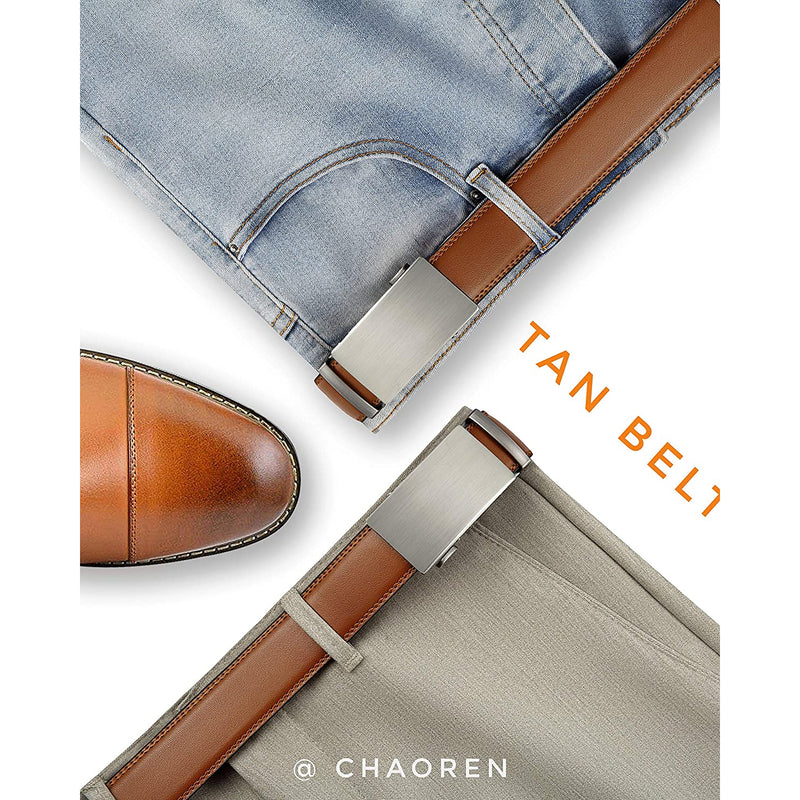 Chaoren Leather Ratchet Dress  Belt | with Automatic Slide | Basic Bronze Buckle W Tan Belt