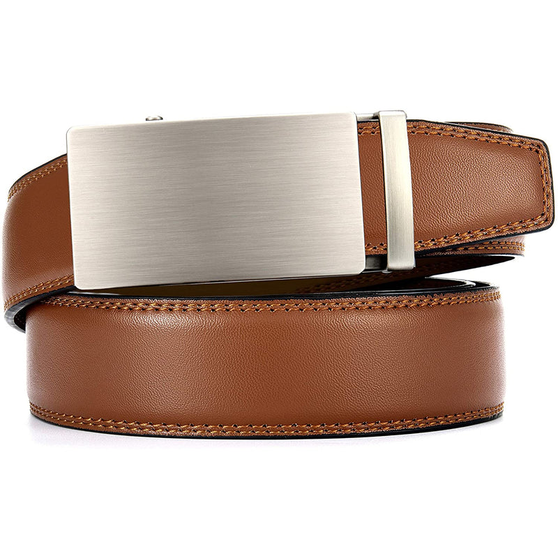 Chaoren Leather Ratchet Dress  Belt | with Automatic Slide | Basic Bronze Buckle W Tan Belt