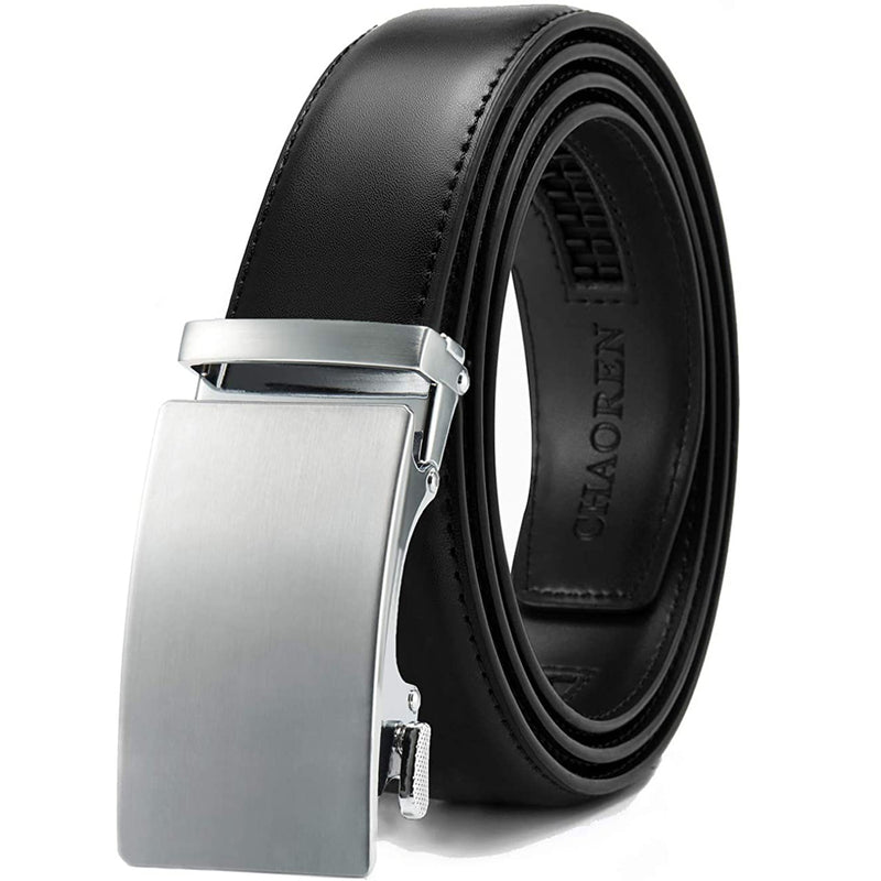 Chaoren Leather Ratchet Dress  Belt | with Automatic Slide | Basic Buckle Silver W Dress Belt Black