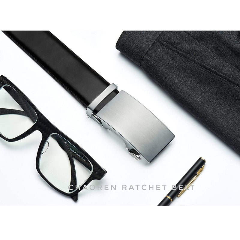 Chaoren Leather Ratchet Dress  Belt | with Automatic Slide | Basic Buckle Silver W Dress Belt Black