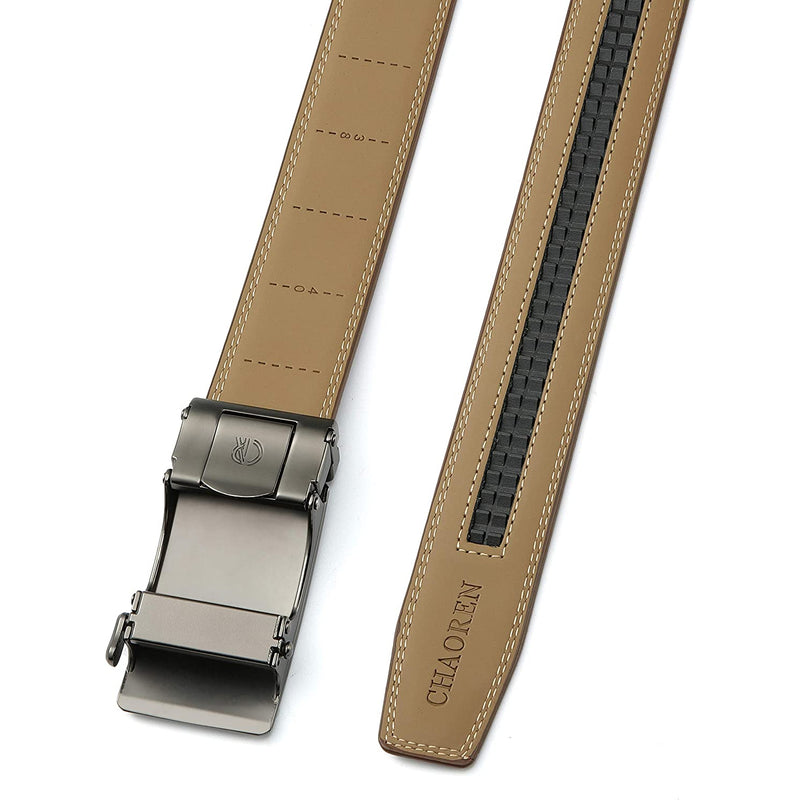 Chaoren Leather Ratchet Dress  Belt | with Automatic Slide | Charcoal Depiction Buckle - Cognac