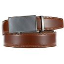 Chaoren Leather Ratchet Dress  Belt | with Automatic Slide | Charcoal Depiction Buckle - Cognac