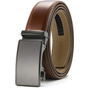 Chaoren Leather Ratchet Dress  Belt | with Automatic Slide | Charcoal Depiction Buckle - Cognac