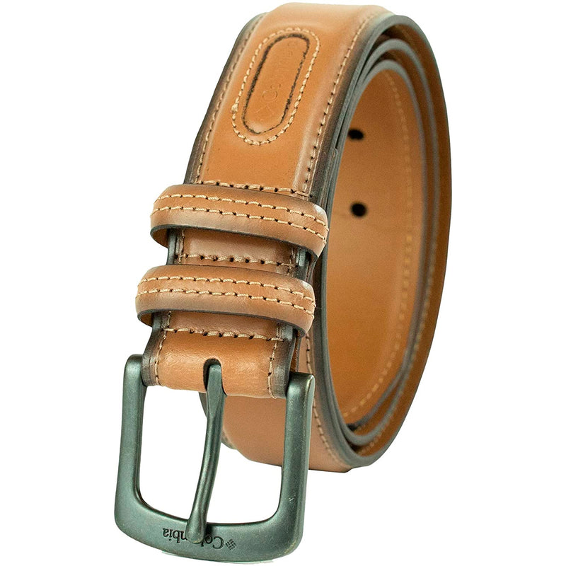 Columbia Men's Classic Logo Belt | Casual Dress with Single Prong Buckle | Color Minimal Tan