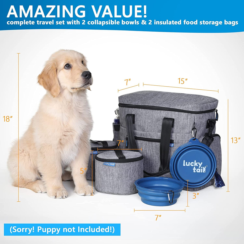 Dog travel bag for supplies from Lucky Tail. Includes Pet Travel Bag Organizer