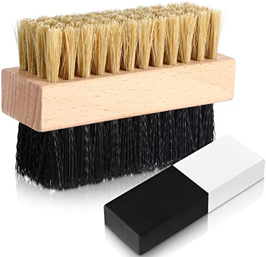 Dual Sided Sneaker Shoe Cleaner Brush Set Boar and Plastic Bristles with Microfiber Cloth